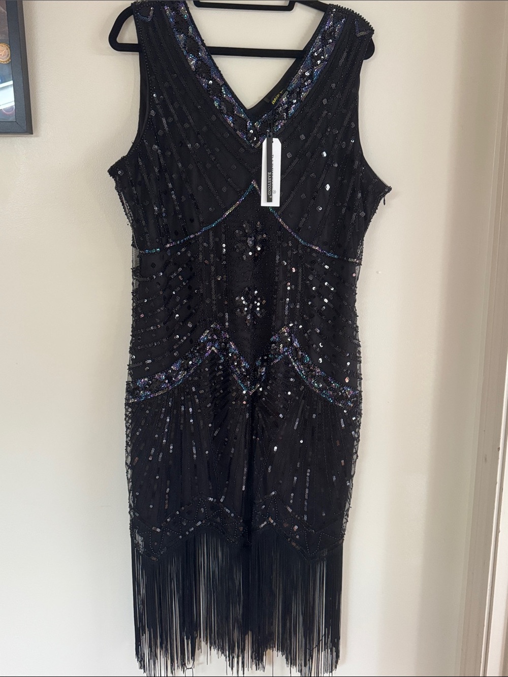 Black Sequin Fringe V-Neck Mini Dress
